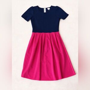 LuLaRoe Amelia Dress Medium Navy Pink Colorblock Fit & Flare